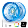 A set of blue crystal plastic yo-yos and related accessories including a metal spinner and a black pouch.