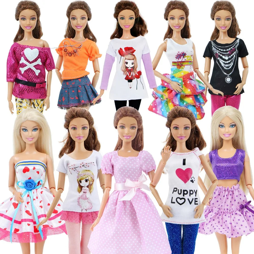 A collection of various handmade casual doll outfits for 1/6 scale dolls in different colors and styles.