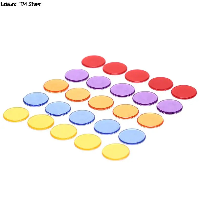 A collection of colorful plastic bingo chips in red, pink, purple, and blue.