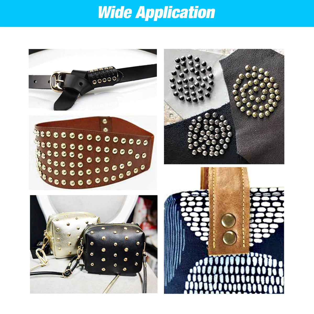 Various leather straps and accessories featuring metal double cap rivets for crafting and repairs