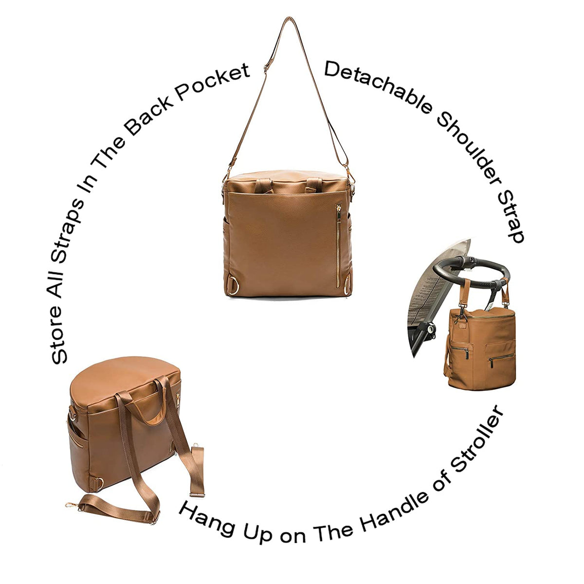 PU Leather Diaper Backpack with Changing Pad and Stroller Straps
