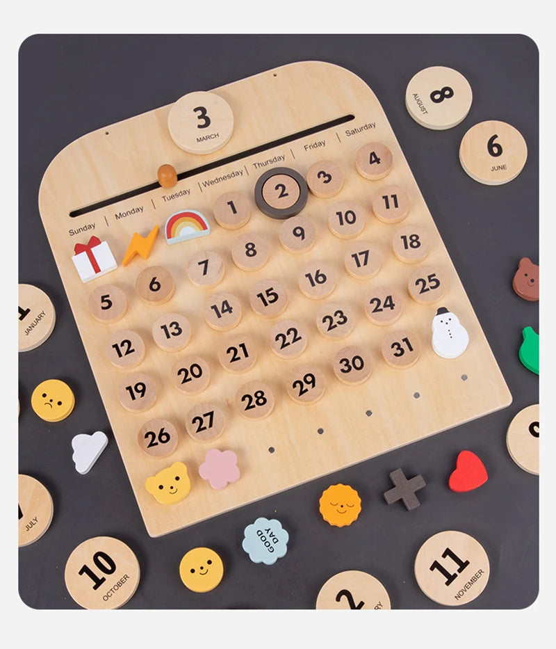A wooden daily calendar board showing various dates, weather icons, and months for learning.