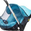 A blue stroller accessory kit featuring a mosquito net, rain cover, and other components.