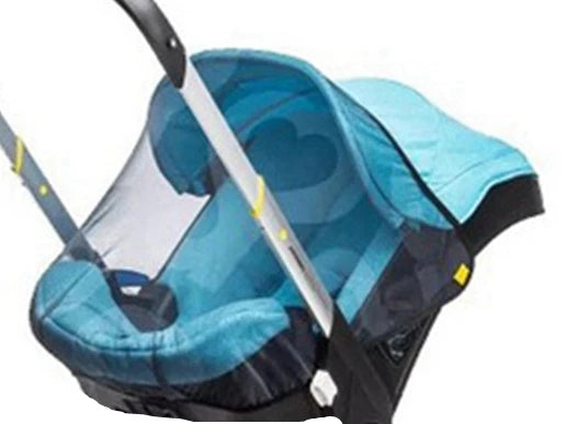 A blue stroller accessory kit featuring a mosquito net, rain cover, and other components.