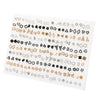 A collection of assorted acrylic stud earrings featuring various shapes like hearts, stars, and moons arranged on a white sur