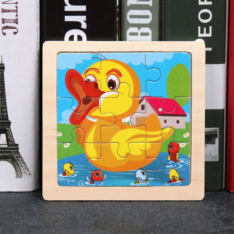 A wooden jigsaw puzzle featuring a yellow duck and several small fish on a blue background.