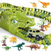 A green dinosaur head mold is shown with various plastic dinosaur figures and a toy car set.