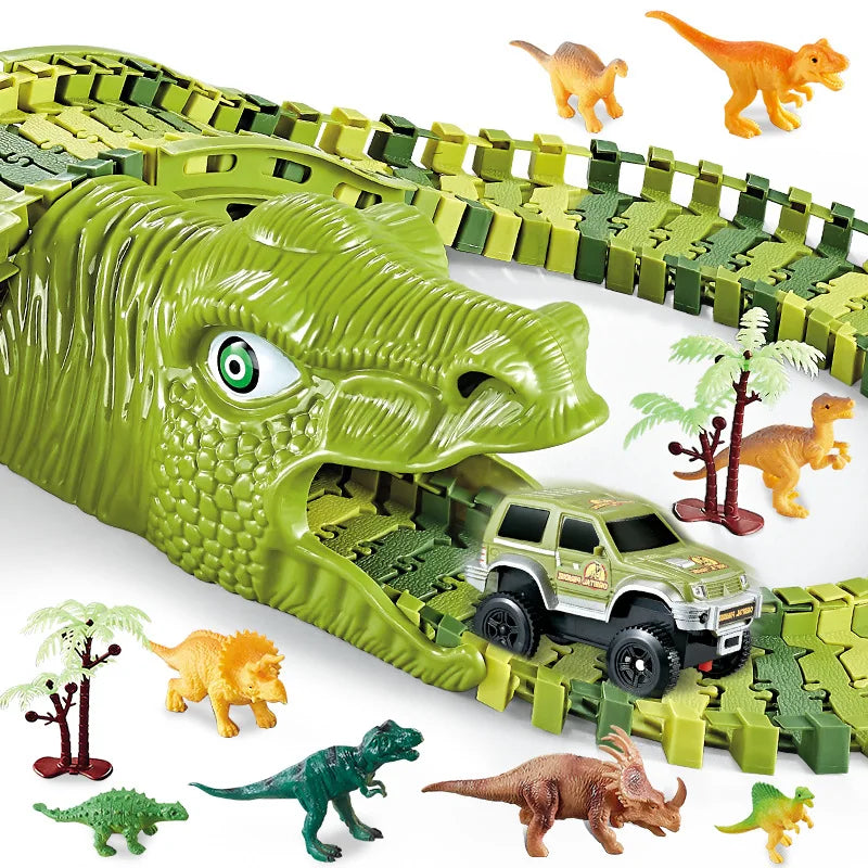 A green dinosaur head mold is shown with various plastic dinosaur figures and a toy car set.