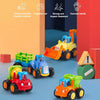 A set of four colorful mini construction vehicle toys, including a yellow dump truck and several other vehicles, displayed on