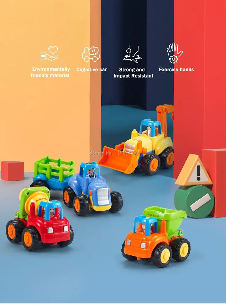 A set of four colorful mini construction vehicle toys, including a yellow dump truck and several other vehicles, displayed on