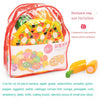 A clear plastic backpack bag filled with 24 pieces of pretend play fruit and vegetable food items for cutting