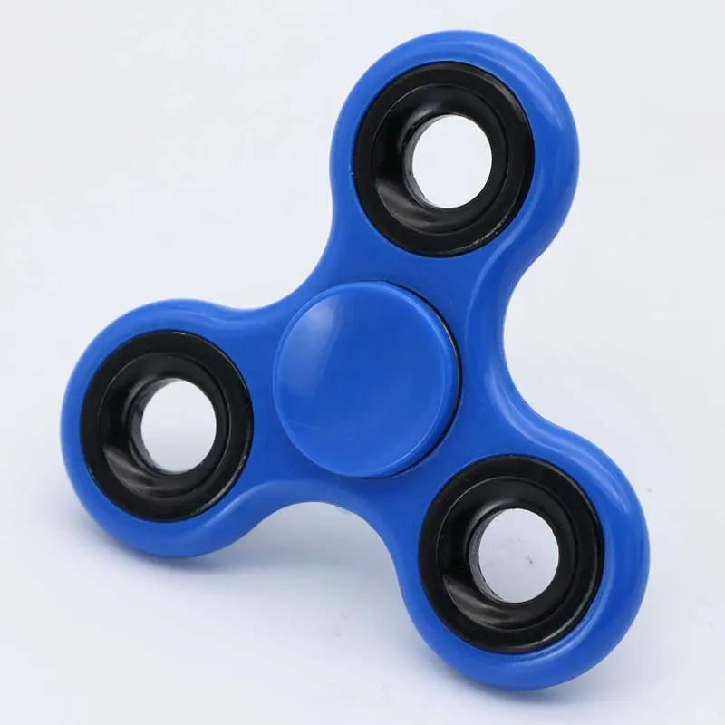 Blue ABS tri-spinner fidget toy with black rings for focus and stress relief