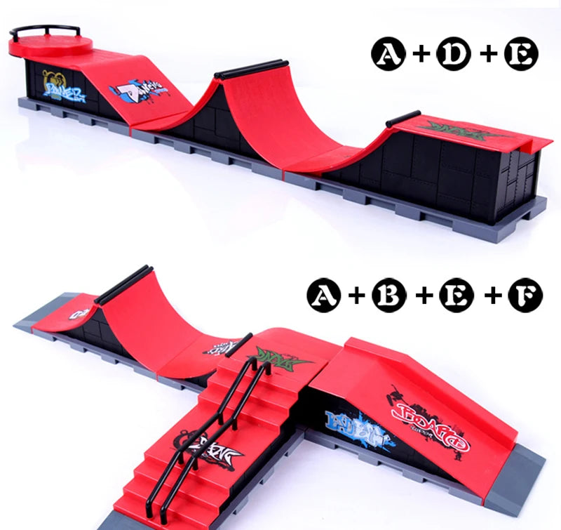 Finger skateboard park set featuring red ramps and black boards with various components.