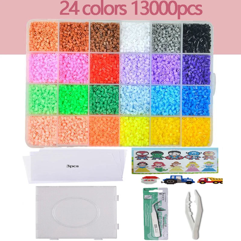 A box of 24 colors of 13000 plastic beads for crafting and puzzles with included tools