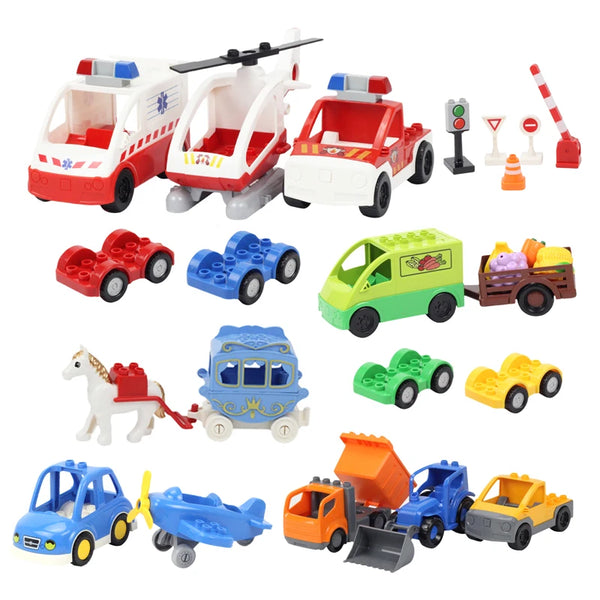 A collection of multi-shape building blocks and vehicles in red, white, blue, green, and yellow colors for educational play.