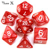 A set of red marble effect polyhedral dice including a d12, d6, d8, d10, and d20.