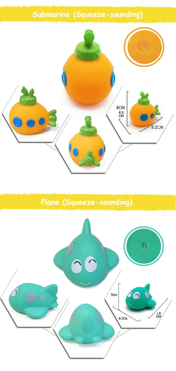 Bath toys featuring a submarine and a plane design made of soft rubber for squeezing and sounding