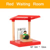 A red waiting room model featuring a wooden structure and a small figure on a red platform.