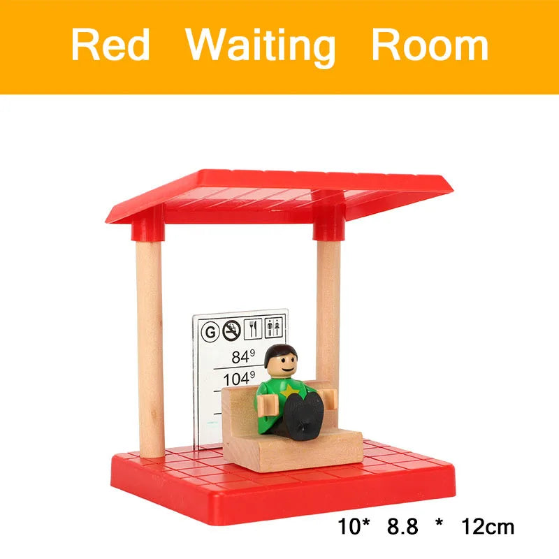 A red waiting room model featuring a wooden structure and a small figure on a red platform.