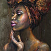 A close-up portrait painting of an African woman with vibrant skin tones and a richly textured head wrap.