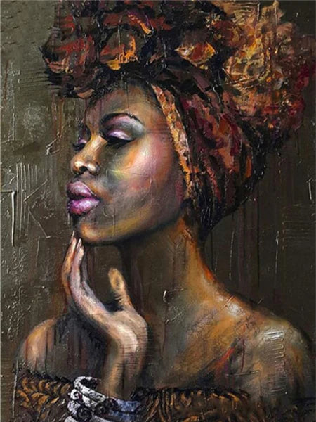 A close-up portrait painting of an African woman with vibrant skin tones and a richly textured head wrap.