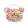 A clear plastic container filled with assorted colorful acrylic beads for DIY jewelry making.