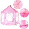 Pink foldable kids castle play tent with mesh netting and decorative pink fabric details