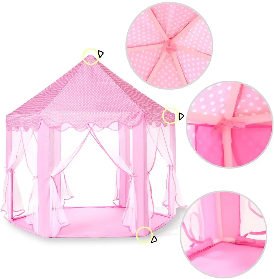 Pink foldable kids castle play tent with mesh netting and decorative pink fabric details