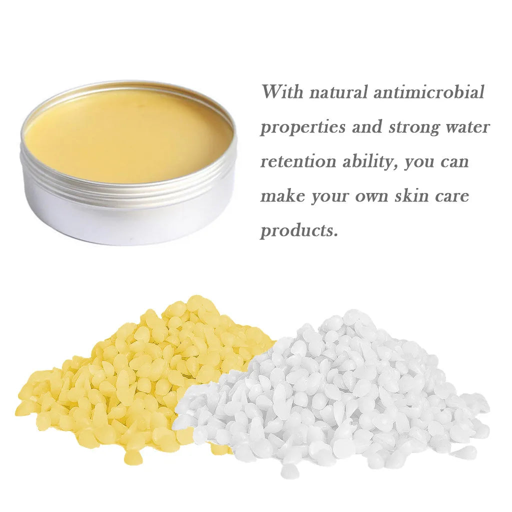 Natural beeswax pellets in yellow and white for DIY skincare and candle making