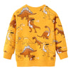 A yellow kids dinosaur print pullover sweatshirt featuring various dinosaur illustrations.