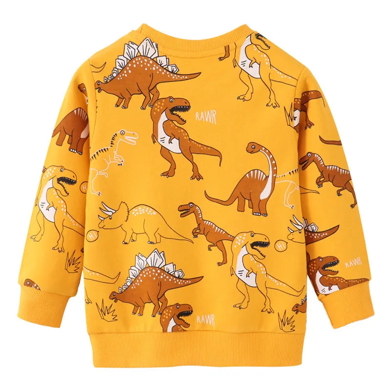 A yellow kids dinosaur print pullover sweatshirt featuring various dinosaur illustrations.