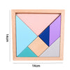 A wooden sensory block puzzle featuring five colored triangles arranged in a square frame.