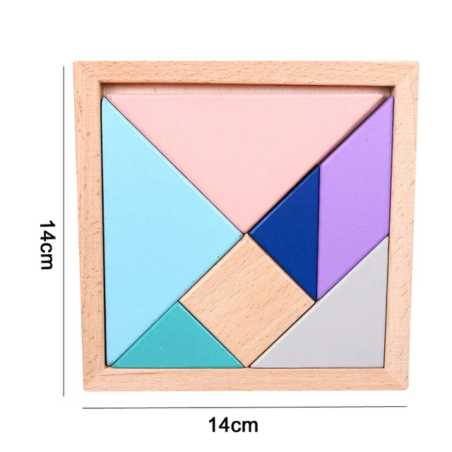 A wooden sensory block puzzle featuring five colored triangles arranged in a square frame.