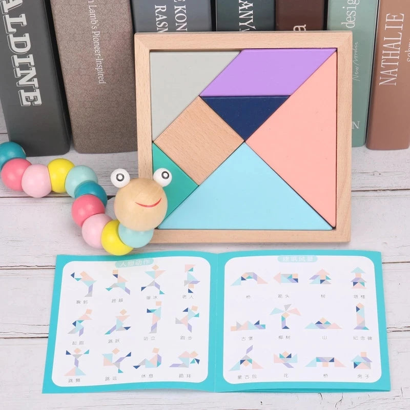 A wooden sensory block set featuring colorful geometric shapes and a music rattle toy.