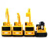 A set of four yellow line-following robot cars with attached pens and black chassis.