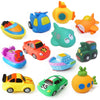 A collection of colorful rubber bath toys shaped like vehicles and animals, including a yellow car, orange fish, and green ve