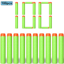 A collection of 100 soft foam dart refills in various green and orange colors shown in individual cylindrical packaging.
