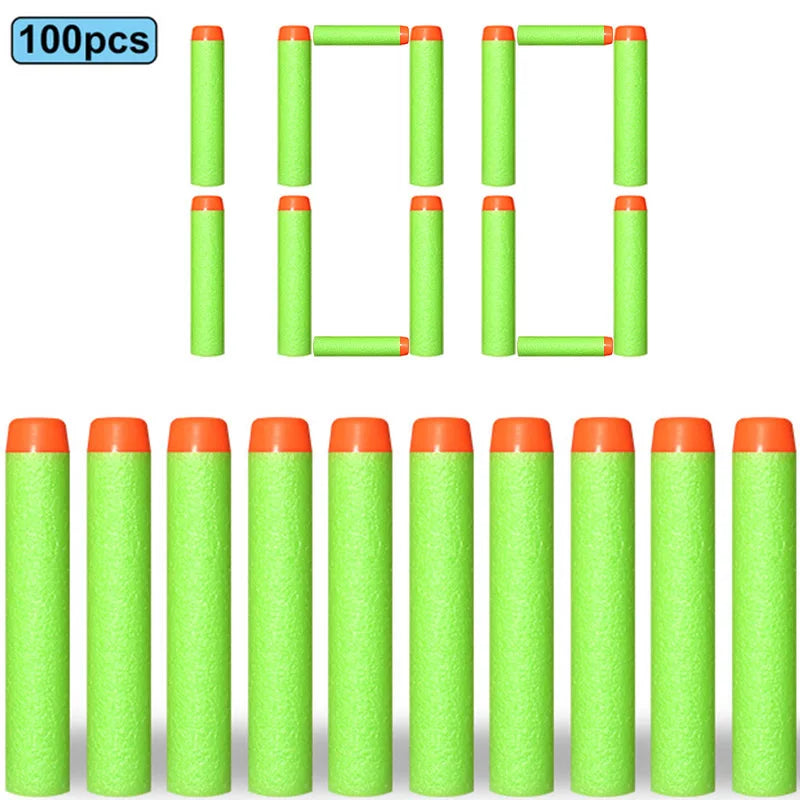 A collection of 100 soft foam dart refills in various green and orange colors shown in individual cylindrical packaging.