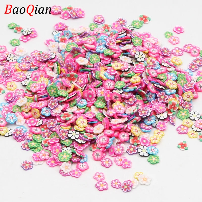 A pile of colorful soft polymer clay slices in various shades of pink, green, and blue for nail art and DIY crafts.