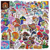 A collection of colorful psychedelic mushroom vinyl stickers in various shapes and sizes.