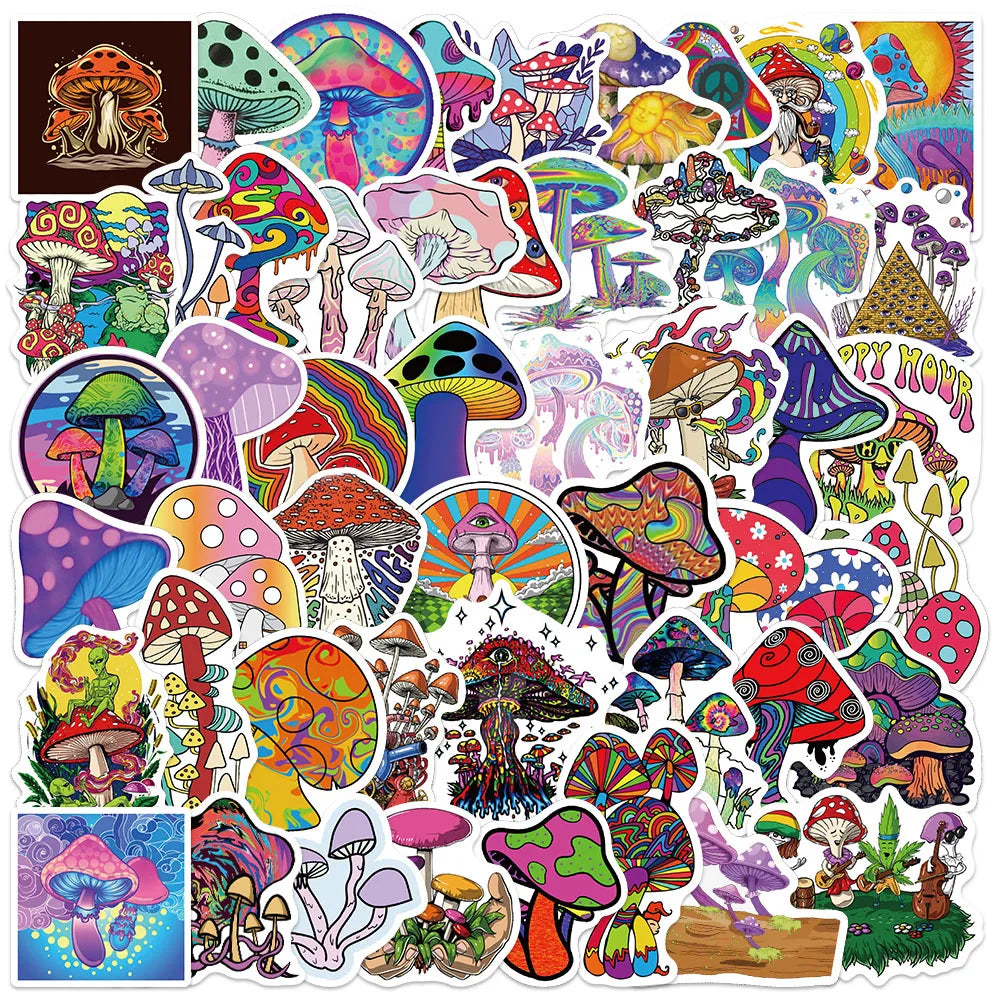 A collection of colorful psychedelic mushroom vinyl stickers in various shapes and sizes.