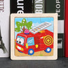 A wooden puzzle featuring a red traffic vehicle design with green trees and blue sky.