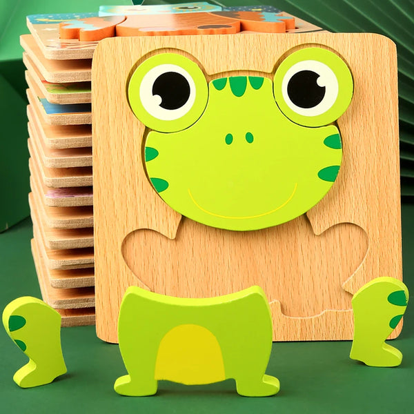 A wooden puzzle featuring a green cartoon frog and accompanying pieces for children.