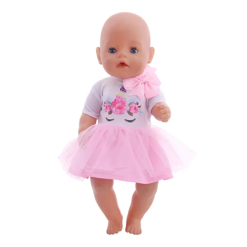 A handmade doll dress for an 18-inch American Girl doll featuring a pink tutu and floral top.