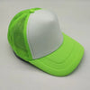A lime green trucker hat with a white front panel and a mesh back.