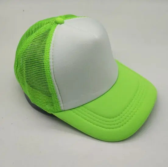A lime green trucker hat with a white front panel and a mesh back.