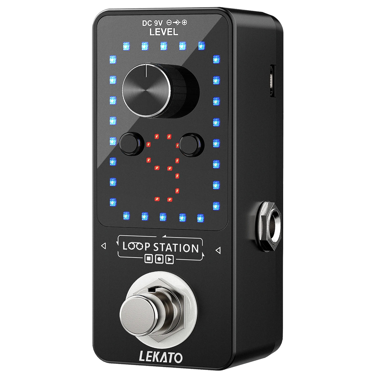 A black Lekato looper guitar pedal with a level indicator, loop station display, and tuning controls.