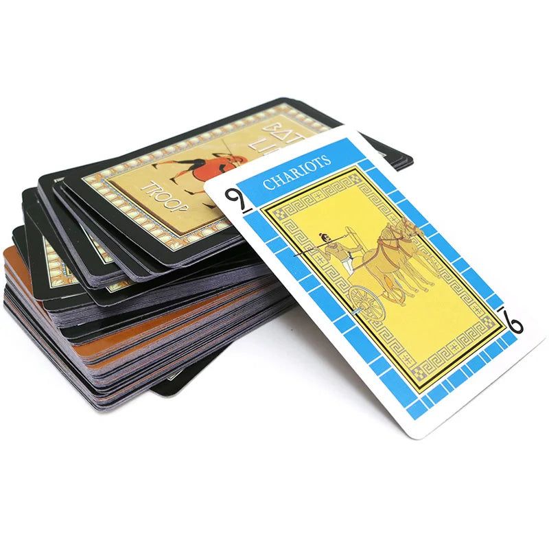 A stack of Battle Line ancient war strategy cards, featuring a card titled chariots.