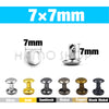 A set of metal double cap rivets in various finishes including silver, gold, gunblack, nickel, copper, and black nickel.