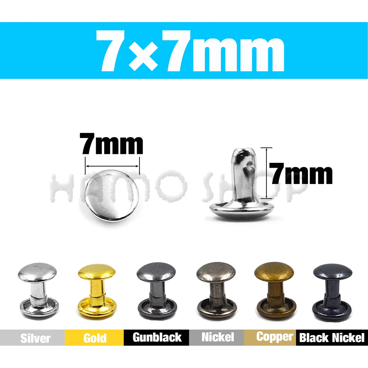A set of metal double cap rivets in various finishes including silver, gold, gunblack, nickel, copper, and black nickel.